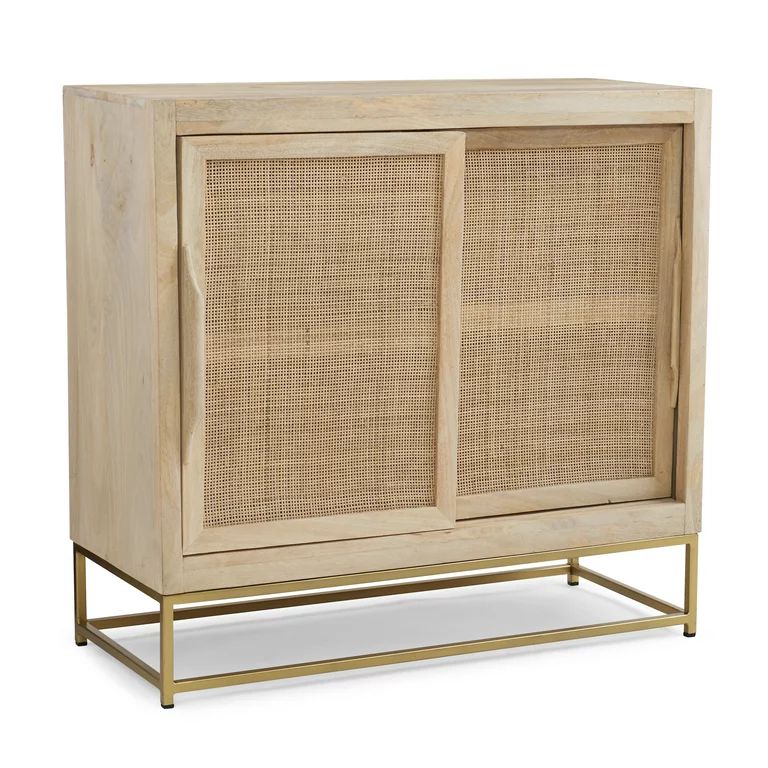 Blair Rattan Sliding Doors Cabinet with Shelves, Natural and Gold | Walmart (US)
