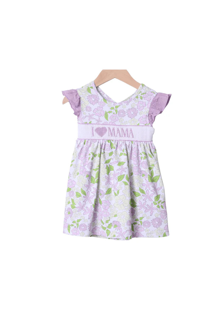 Smocked I Love Mama Yellow and Lavender Floral Bow Dress | The Smocked Flamingo