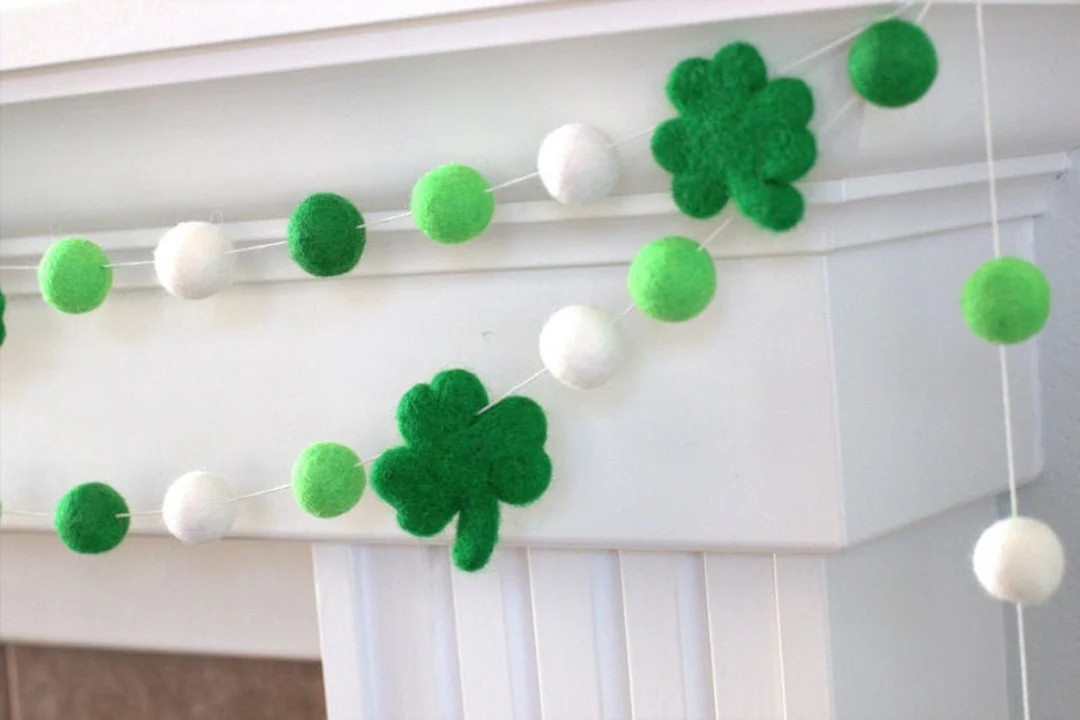 St. Patrick's Shamrock Garland 1 Felt Balls, 2.5 Shamrocks Green White Spring Mantle Shelf, Lepre... | Etsy (US)