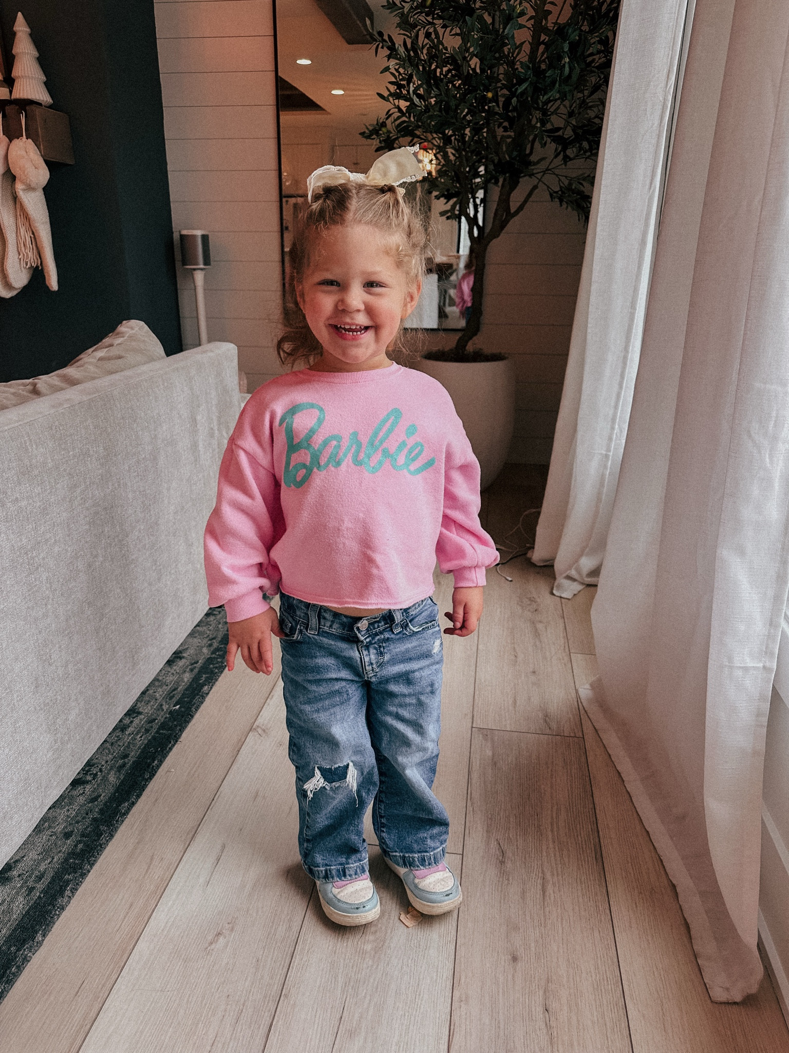 Toddler girl outfit inspo. Obsessed with this Barbie sweatshirt and flare jeans! I sized up in the sweatshirt because it’s cropped and sis doesn’t like her tummy hanging out 😂

#LTKKids #LTKFindsUnder50 #LTKStyleTip