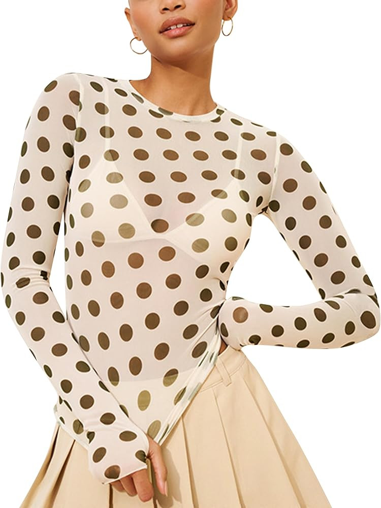 Polka Dots Lace Mesh Tops for Women Sheer Long Sleeve Top Sexy Crew Neck See Through Shirts Party... | Amazon (US)