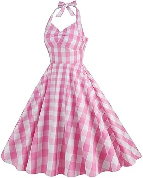 Elegant Vintage Pink Gingham Dress for Women 1950s 50s Plaid Polka Dot Swing Dresses Halter Neck ... | Amazon (US)