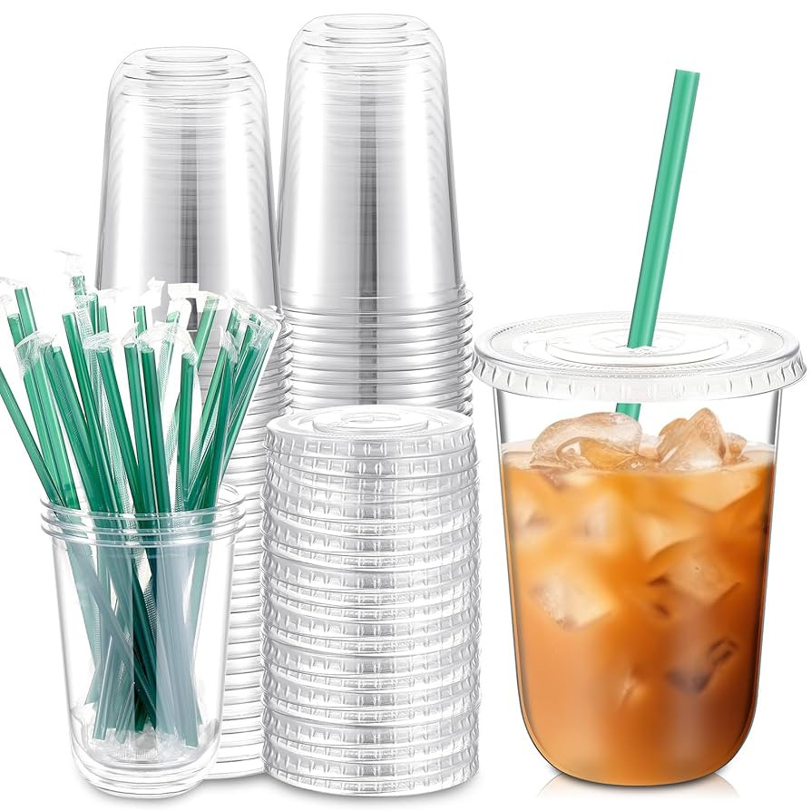 Baderke 25 Set Plastic Cups with Lids and Straws, Disposable Plastic Iced Coffee Cup for Cold Bev... | Amazon (US)