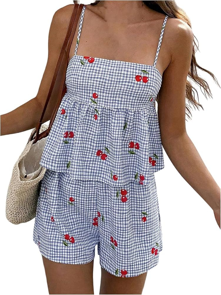 GORGLITTER Women's 2 Piece Shorts Sets Gingham Bow Tie Back Babydoll Tops and Boxer Shorts Summer... | Amazon (US)