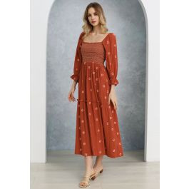 Floret Embroidery Square Neck Midi Dress in Orange | Chicwish