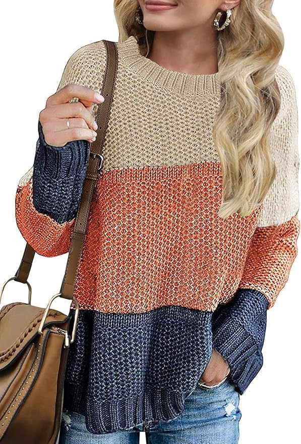 ZESICA Women's Long Sleeve Crew Neck Striped Color Block Casual Loose Knitted Pullover Sweater To... | Amazon (US)