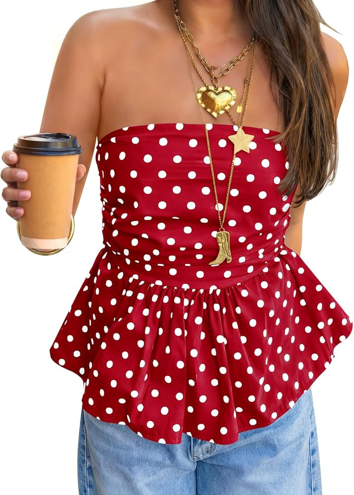 Tankaneo Womens Strapless Polka Dot Tube Tops Cute Backless Peplumn Ruffle Hem Bandeau Top Slim F... | Amazon (US)