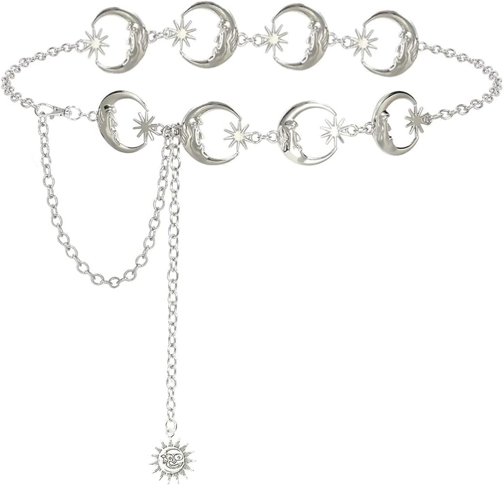 Honsny Chain Belt for Women Gold Sliver Moon Star Metal Waist Chain Sun Pendant Belly Body Chains Je | Amazon (US)