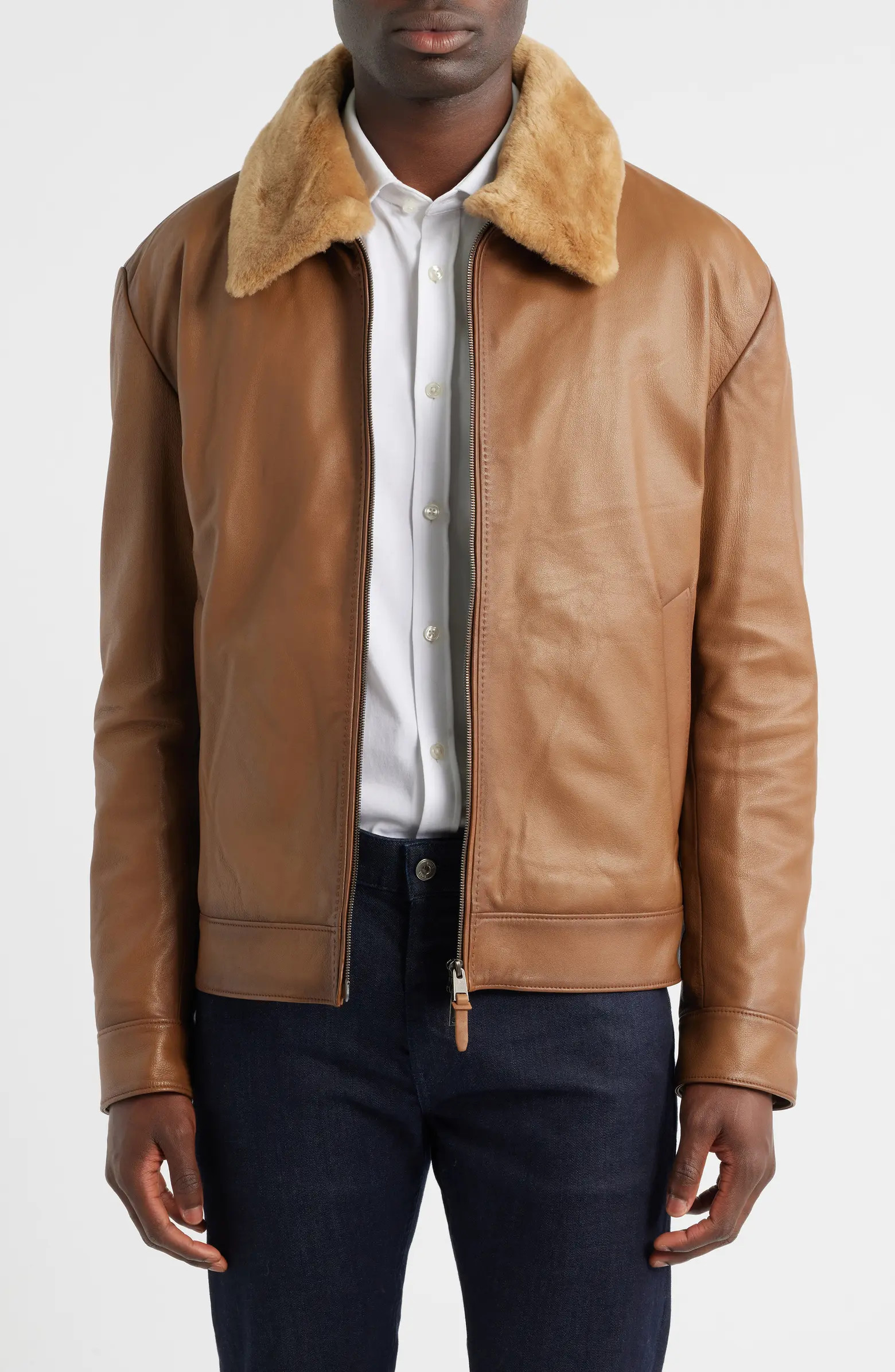 BOSS Mury Down Fill Leather Jacket with Removable Genuine Shearling Collar | Nordstrom | Nordstrom