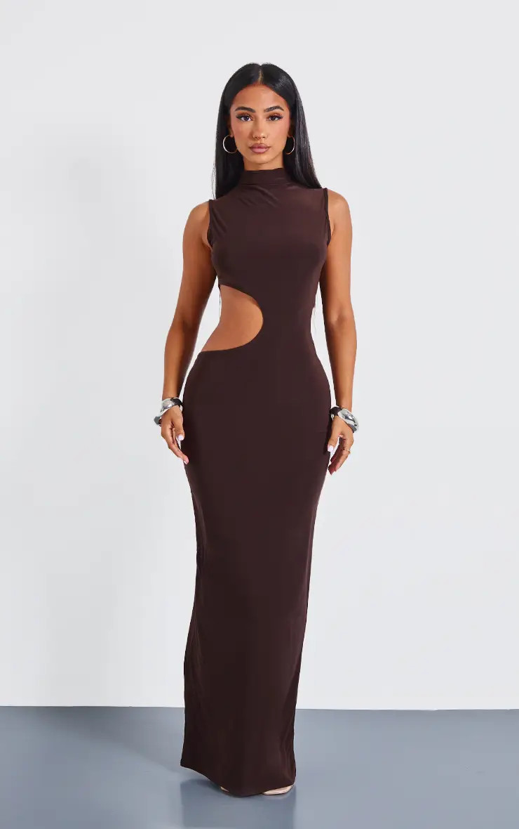 Chocolate Bodycon Slinky Cut Out Maxi Dress | PrettyLittleThing USA | PrettyLittleThing US