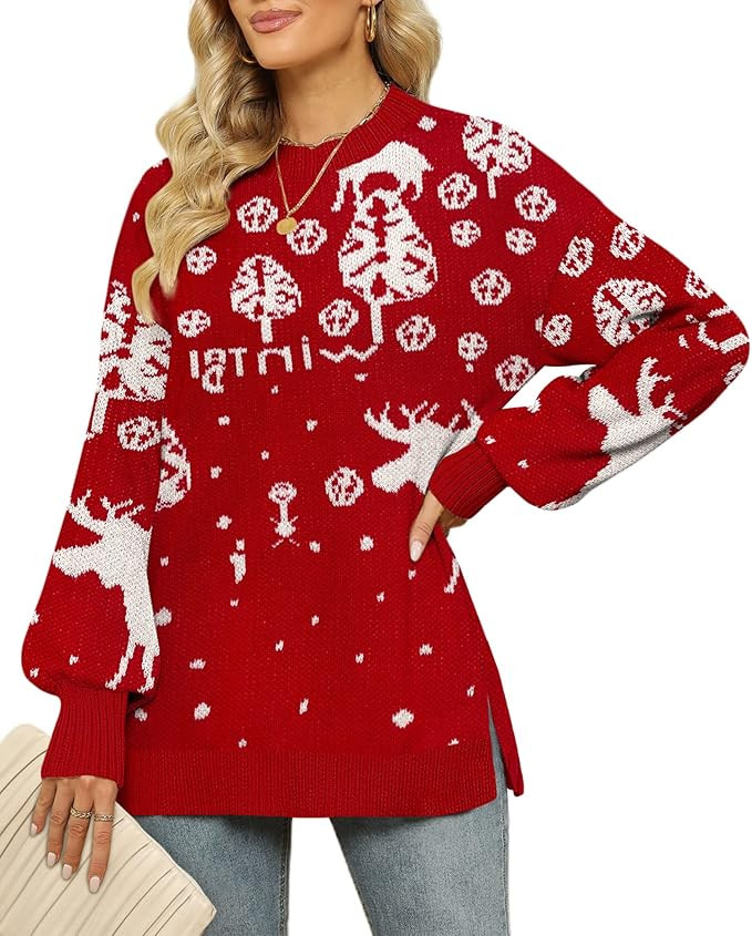 XIEERDUO Women's Sweaters Crew Neck Lantern Long Sleeve Pullover Side Slit Ribbed Sweater Loose T... | Amazon (US)