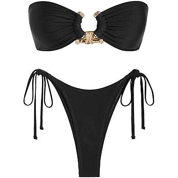 ZAFUL Women's Bandeau Bikini Metal Ring Decor Lace Up Tied Side High Cut Strapless Swimsuit Two P... | Amazon (US)
