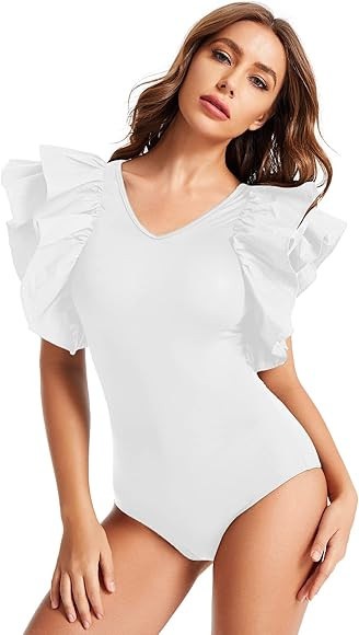 Romwe Women's V Neck Ruffle Mesh Sleeve Stretchy Party Romper Bodysuit | Amazon (US)