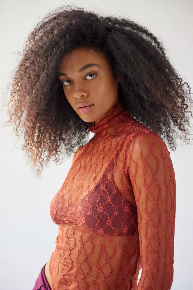 UO Tyla Sheer Lace Turtleneck Top | Urban Outfitters (US and RoW)