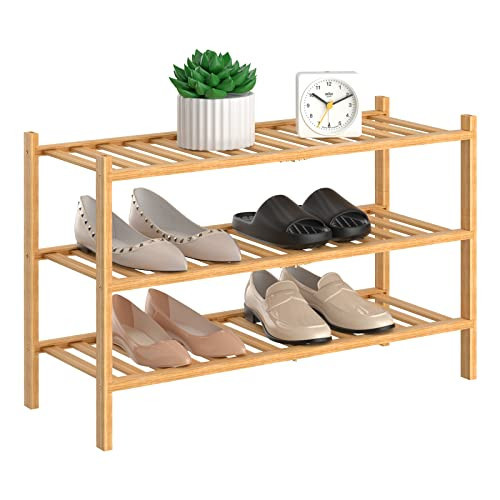 RONGJlA 3 Tier Bamboo Shoe Rack for Closet Free Standing Wood Shoe Shelf Storage Organizer for Entryway Small Space Stackable, Natural | Amazon (US)