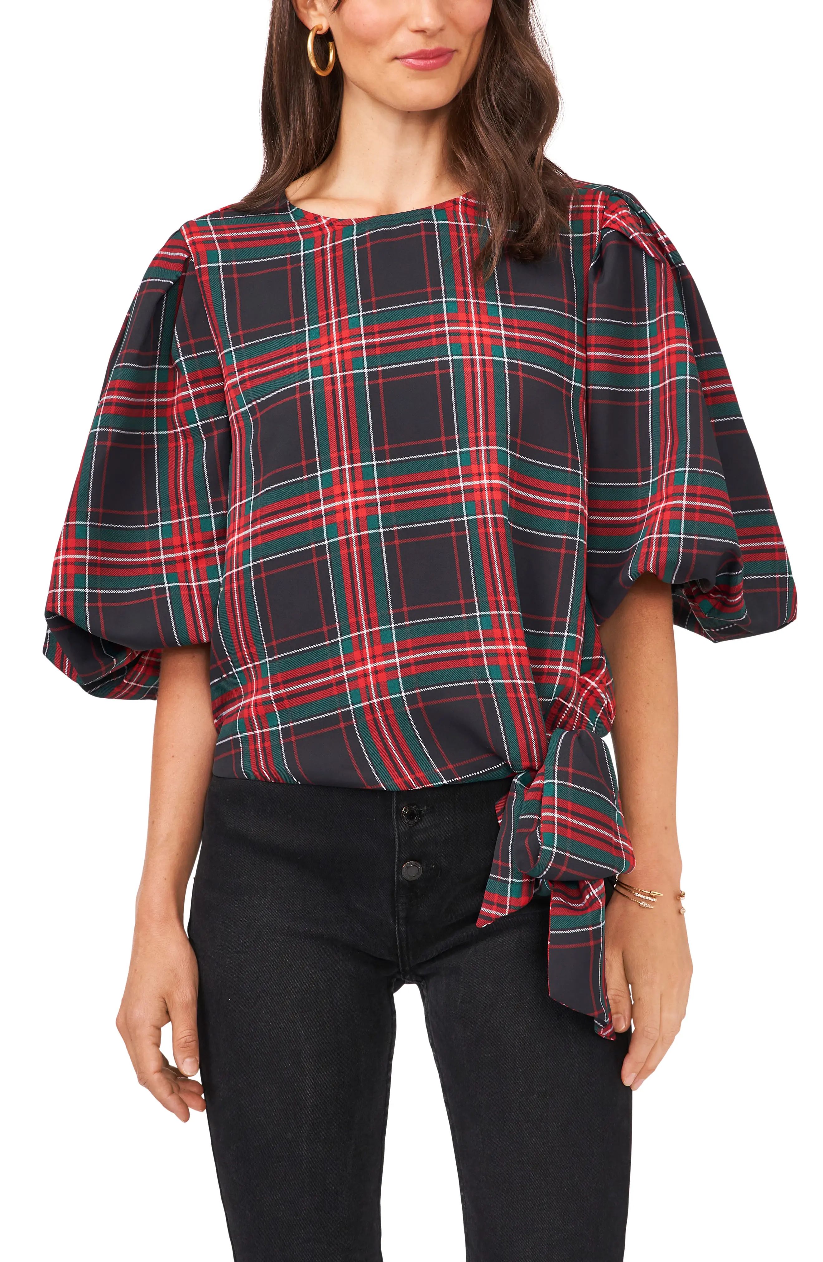 Vince Camuto Plaid Puff Sleeve Top, Size Medium in Rich Black at Nordstrom | Nordstrom