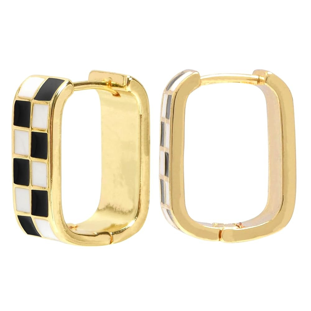 Dainty Checkered Hoop Earrings, 18K Gold Filled Enamel, Chunky Oval Hoops, Hypoallergenic Earring... | Amazon (US)