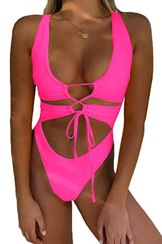 CHYRII Pink Women's Sexy Cutout Lace Up Backless High Cut One Piece Swimsuit Monokini S | Amazon (US)