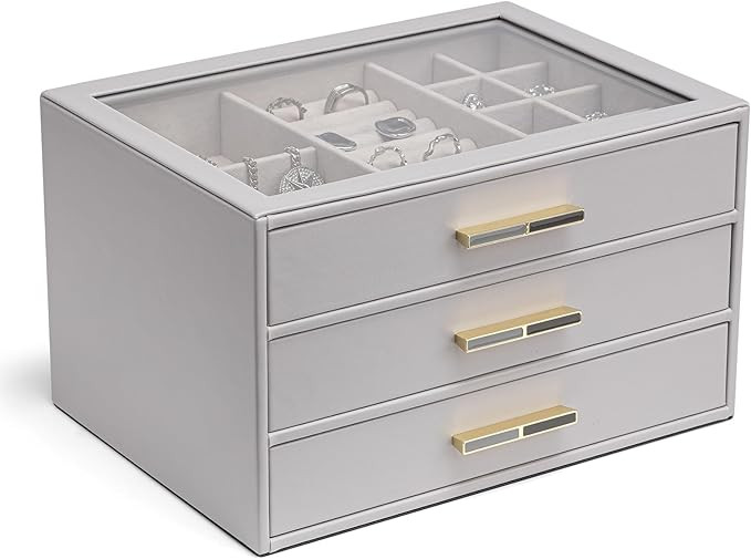 Vlando 3-Drawer Jewelry Box with Glass Lid, Faux Leather Organizer for Rings, Earrings, Necklaces... | Amazon (US)