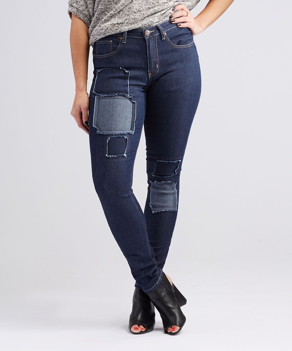 NY Trends Women's Denim Pants and Jeans dark - Dark Blue Patch-Accent Skinny Jeans - Women | Zulily