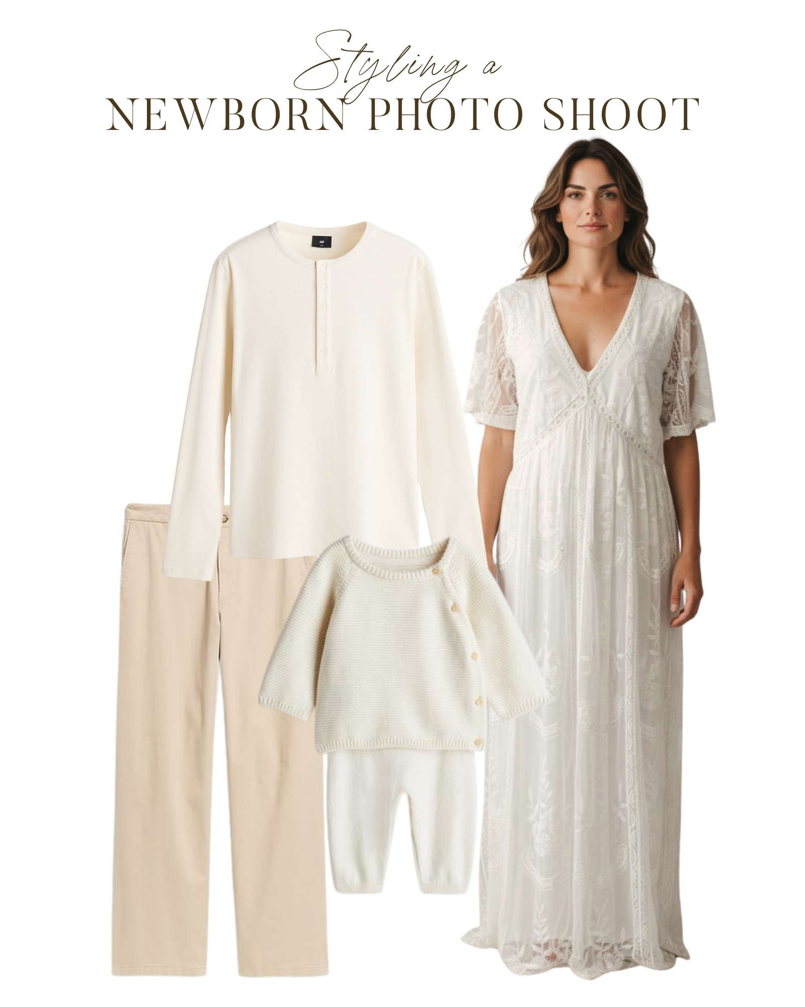 This PinkBlush lace gown is styled it with a cream henley, and tan trousers for dad, and a ivory knit romper for baby to create a soft, cohesive look for a studio newborn or baby photo shoot.
www.kellidease.com 

 #LTKmomlife #LTKBaby #LTKBump