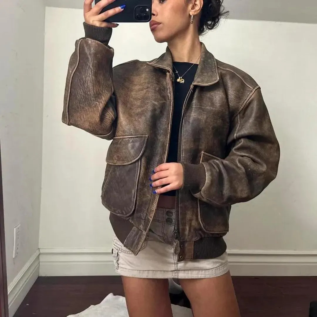 Vintage Distressed Brown Leather Bomber Jacket 90s Oversized Aviator Coat Retro Grunge Unisex Fli... | Etsy (US)