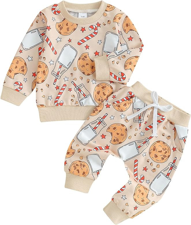 ROLZMOR Toddler Baby Girl Christmas Outfits Long Sleeve Sweatshirt Milk Cookies Print Pullover To... | Amazon (US)
