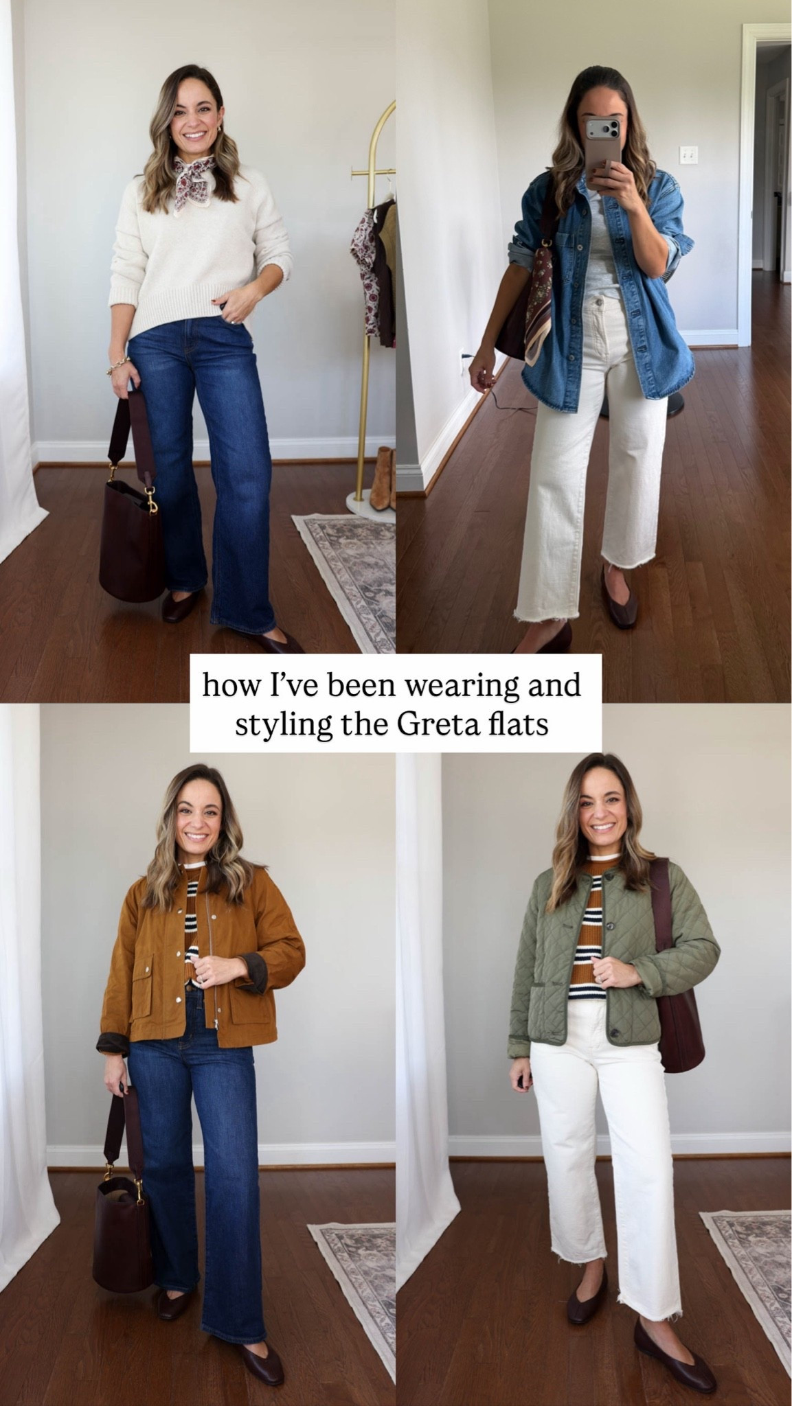 How I’ve been wearing and styling the Greta Glove flats. Stay tuned for more ways when they are included in my capsule! 

Outfits left top to right 

Outfit 1 
Jeans (Quince Bella Relaxed): 24 short in stormy blue 
Sweater: xxs in speckled beige 

Outfit 2 
Jeans (Madewell PV Crop): petite 24 
Top: xxs 
Denim too sold out 

Outfit 3 
Jeans (Madewell PV): petite 24 
Sweater: xxs 
Jacket: xxs 

Outfit 4 
Jeans (Madewell PV Crop): petite 24
Jacket: petite xxs 
Sweater: xxs

#LTKPetite