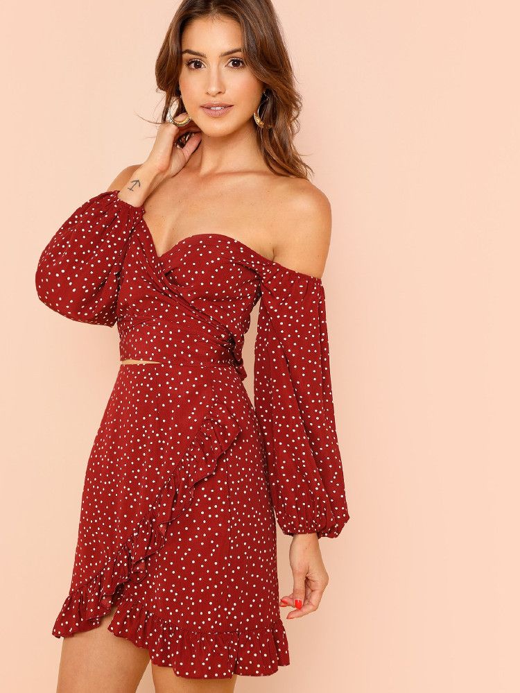 Off Shoulder Balloon Sleeve Top and Ruffle Wrap Skirt | SHEIN