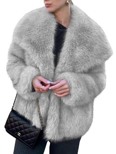 Simplee Womens Faux Fur Coat Long Sleeve Fluffy Lapel Shaggy Jacket Winter Casual Warm Fuzzy Short Outerwear(Grey,Medium) | Amazon (US)