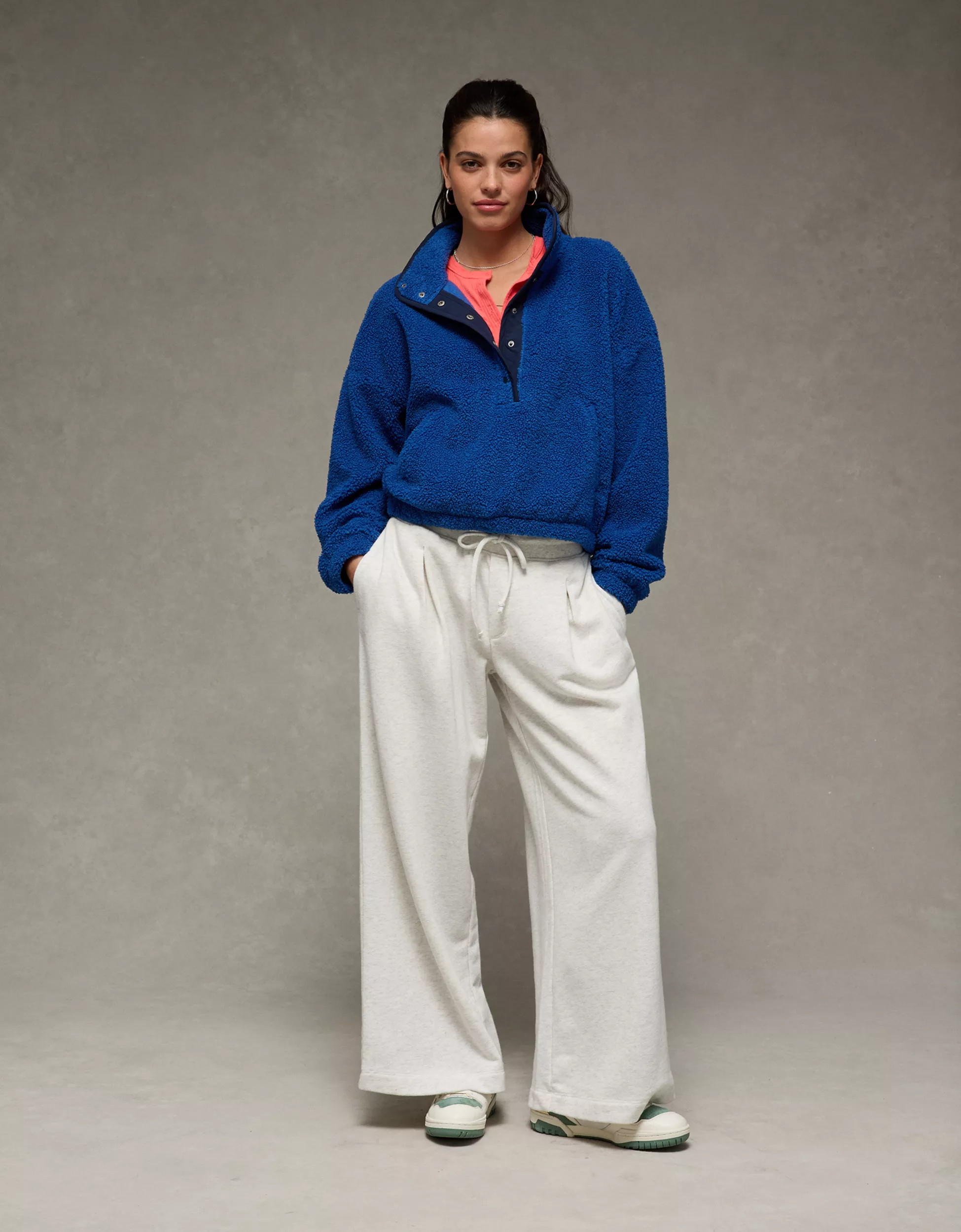 AE Relaxed Sherpa Fleece Henley Sweatshirt | American Eagle Outfitters (US & CA)