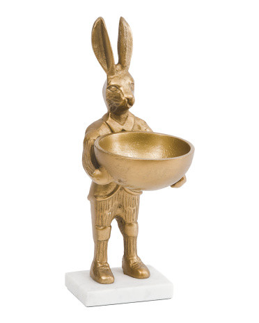 Rabbit Holding Bowl On Marble Base Figurine | TJ Maxx