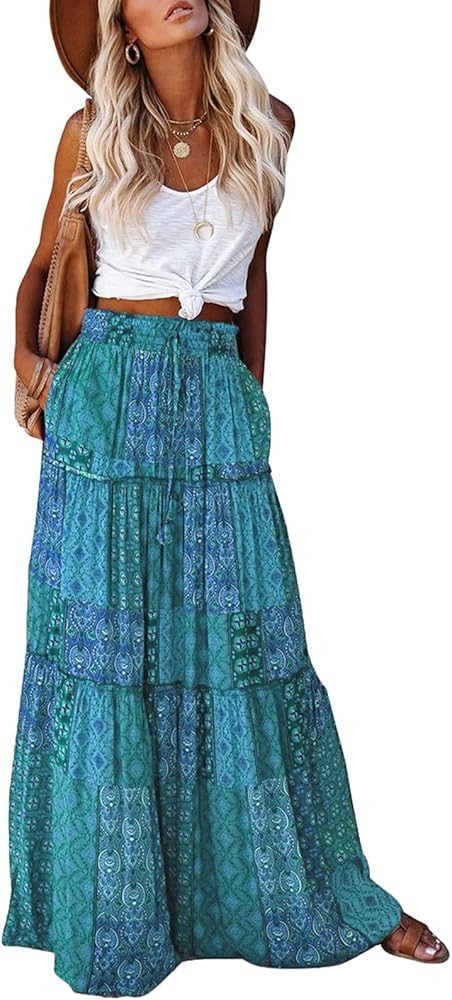 EARKOHA Womens Casual High Waist Tiered Paisley Print Long Maxi Skirt with Pockets | Amazon (US)