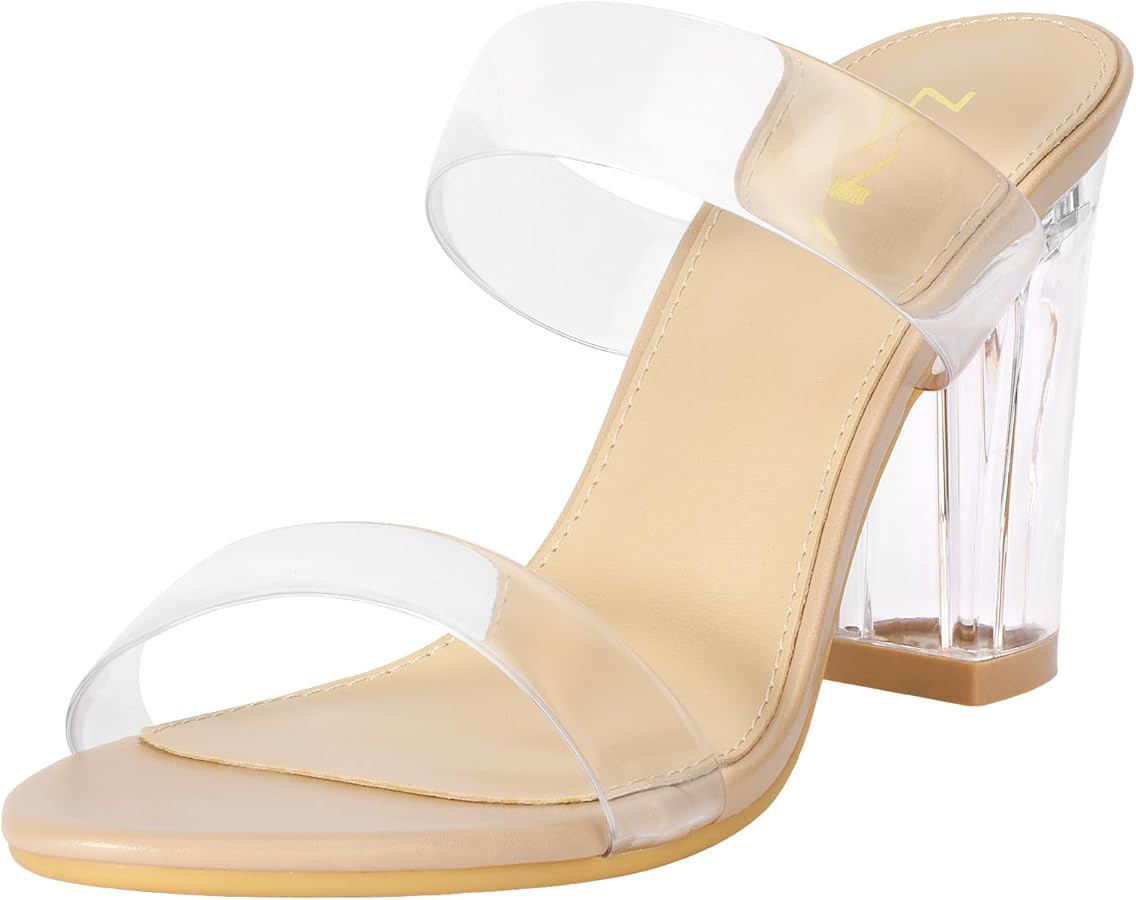 ZriEy Women's Chunky Block Open Toe Mid High Heeled Sandals Two Strap Slip on Heels Slide Sandals... | Amazon (US)