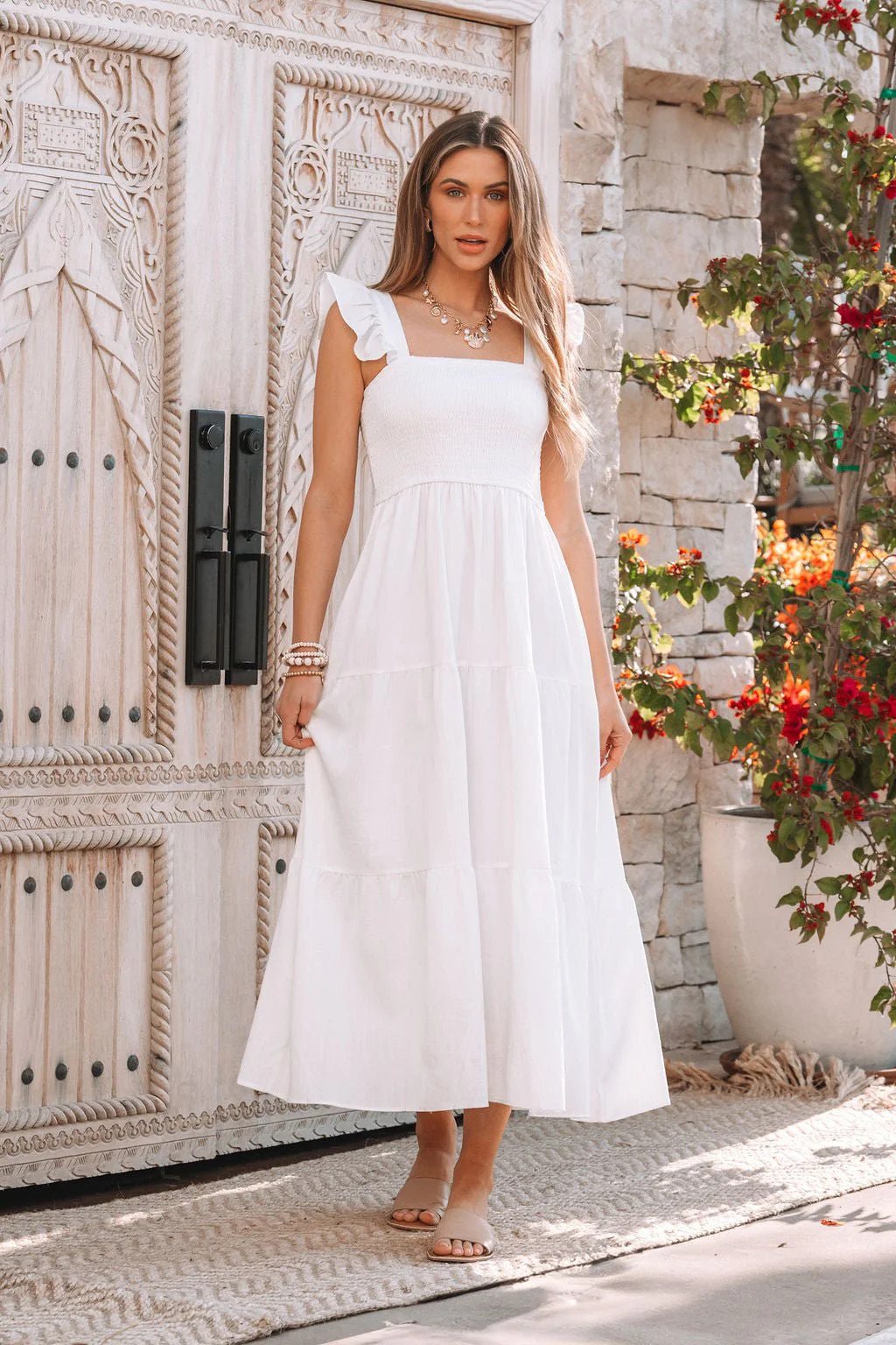 White Ruffle Sleeve Smock Tiered Midi Dress | Magnolia Boutique