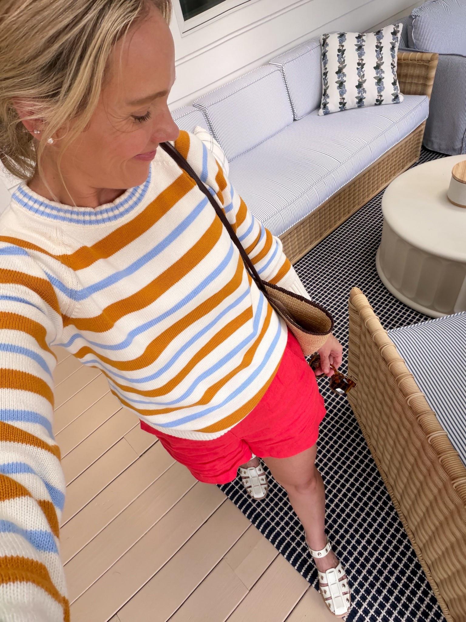 Hi! Lands End sweater is on sale for $30 and 100% cotton, wearing an xs petite. J.Crew linen shorts are generously sized but still wearing my regular size small. Freda Salvador Sera sandals fit true to size and walk all day comfortable. Madewell tank layered. Sezane tote on heavy repeat lately. I wear these Baubebar studs daily ...xo, Claire

#LTKootd #LTKOver40 #LTKSaleAlert
