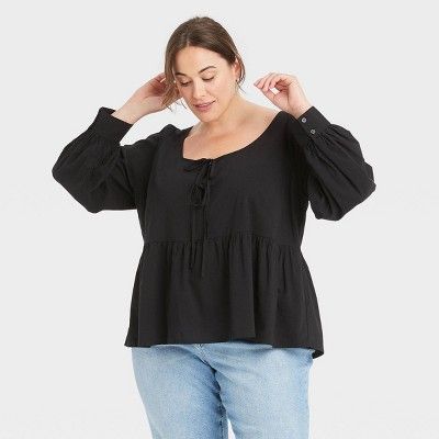 Women's Plus Size Long Sleeve U-Neck Tie Front Babydoll Blouse - Ava & Viv™ | Target