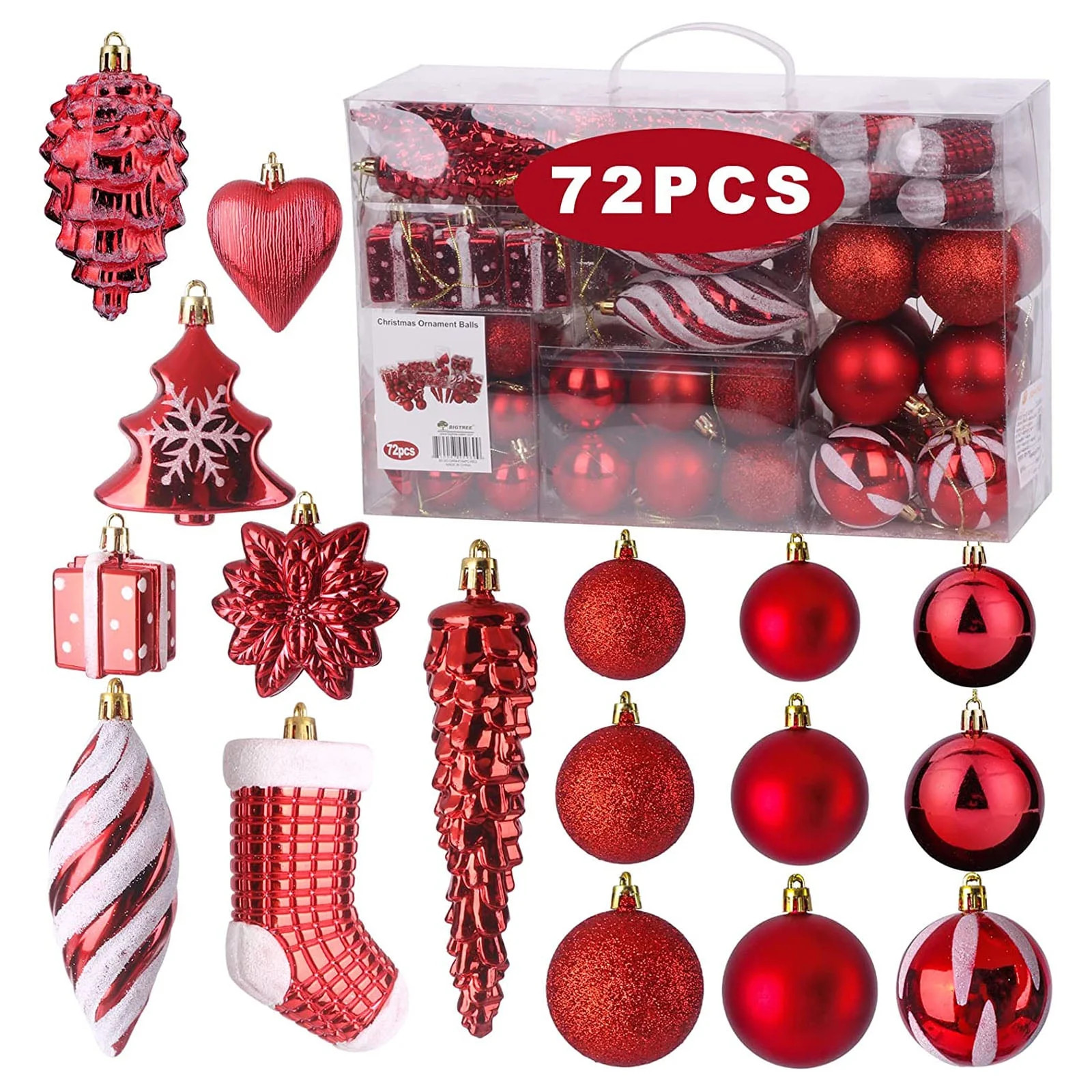 BIGTREE 72 Piece Christmas Ball Glitter Ornaments Holiday Wedding Party Tree Decoration Red | Walmart (US)