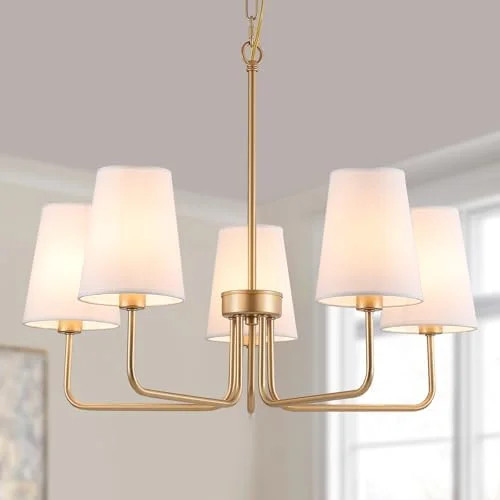 AMZASA Farmhouse Chandelier, 5-Lights Visual Comfort Gold Light, Muted Gold with White Fabric Sha... | Walmart (US)