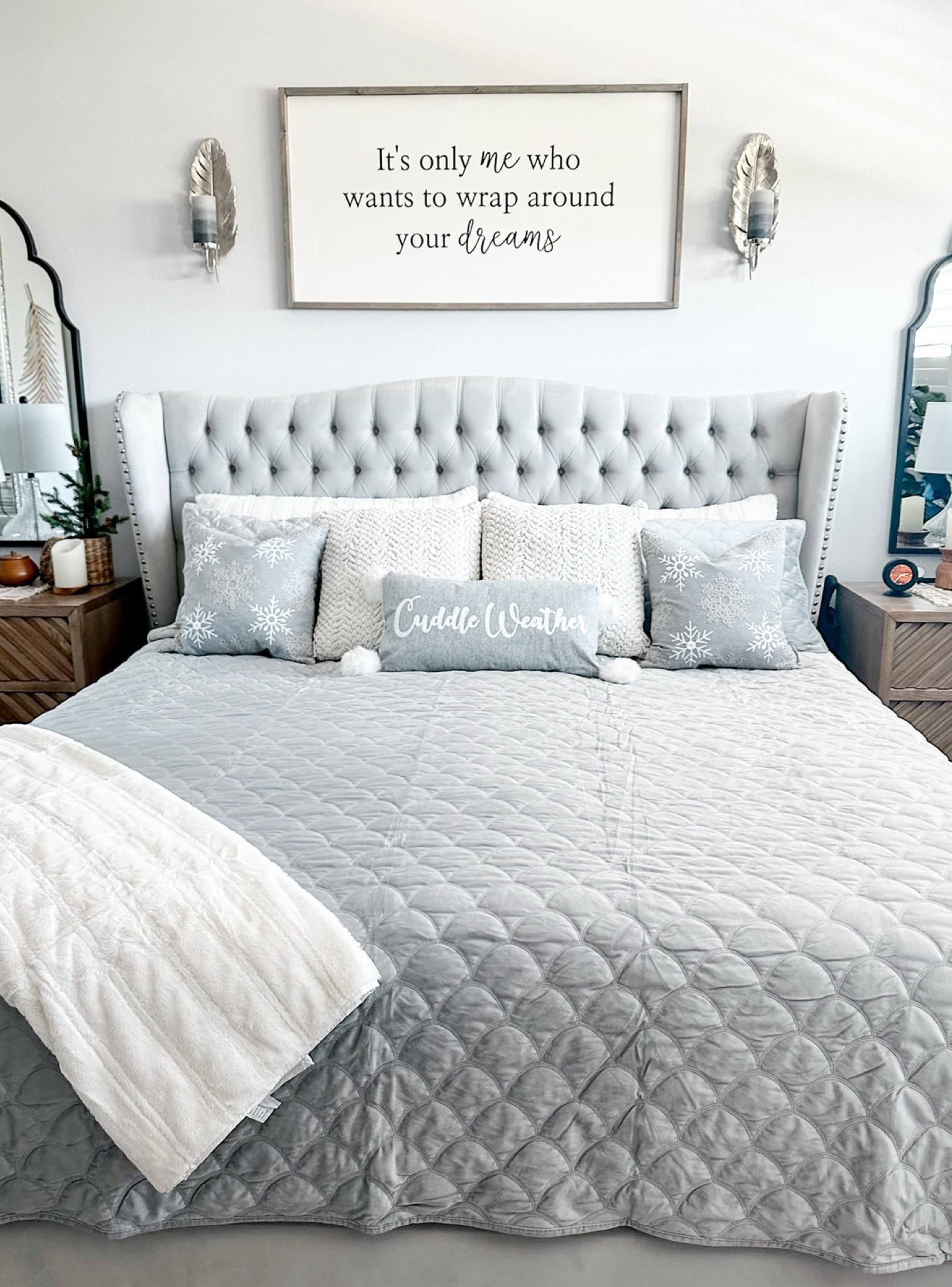 Not into red and green Christmas decor or like me you like your master bedroom to be a calm, peaceful space? I used faux whtie fur, gray velvet and some coordinating pillows we loved it, comfy and very festive #holidaybedding #levtexhome #winterbedding #sikvervlevetbedding #quit #chrsitmsspillows #winterdecor #cozy 

#LTKHoliday #LTKSeasonal #LTKHome