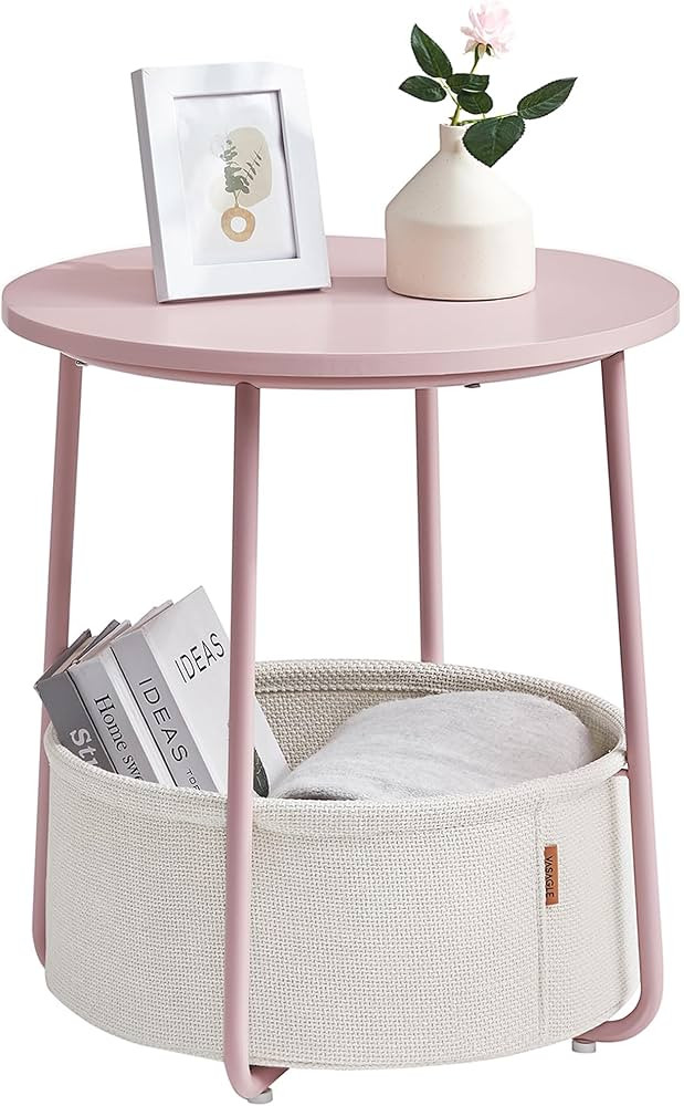 VASAGLE Small Round Side End Table, Modern Nightstand with Fabric Basket, Jelly Pink and Cream Wh... | Amazon (US)
