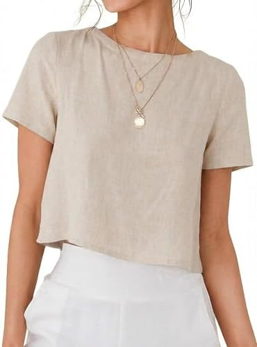 IDEALSANXUN Womens Short Sleeve Linen Shirts Casual Spring Summer Crewneck Cute Crop Beach Blouse... | Amazon (US)