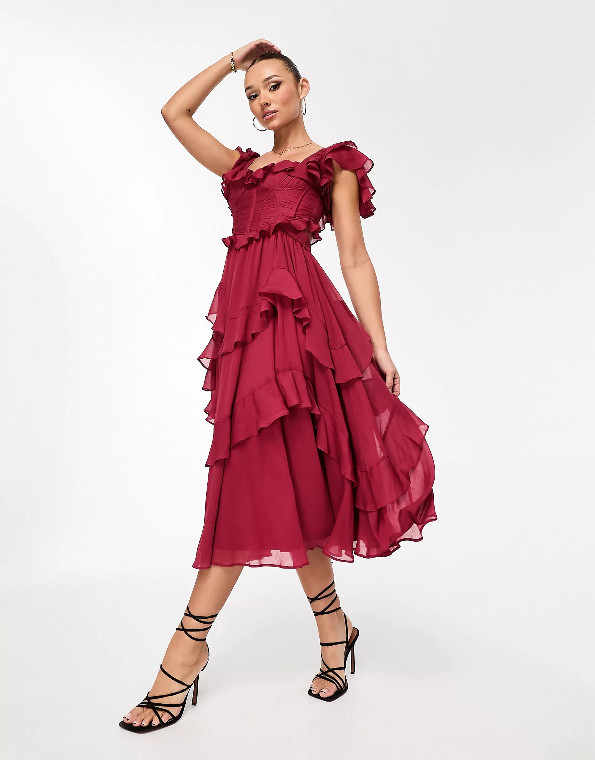 ASOS DESIGN flutter sleeve ruched corset detail tiered midi dress in berry | ASOS (Global)