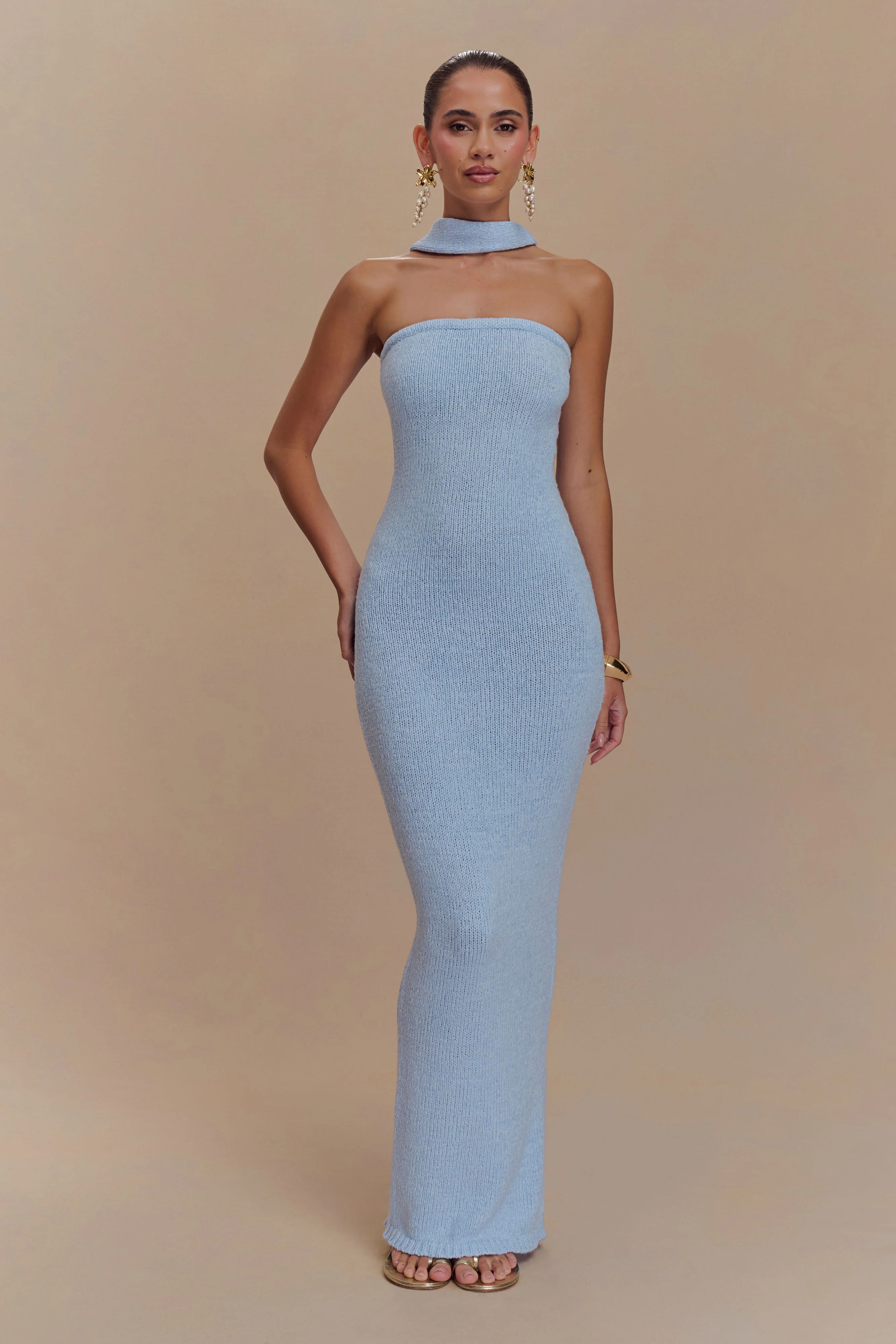 Strapless Knit Maxi Dress - Light Blue | MESHKI US