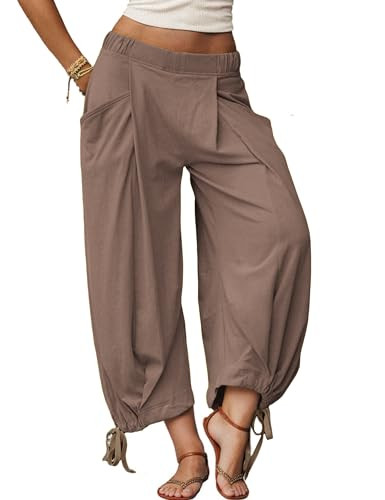 STURWBEZ Womens Baggy Wide Leg Pants Cotton Loose Elastic Waisted Lounge Harem Beach Palazzo Trousers with Pockets(Coffee-S) | Amazon (US)