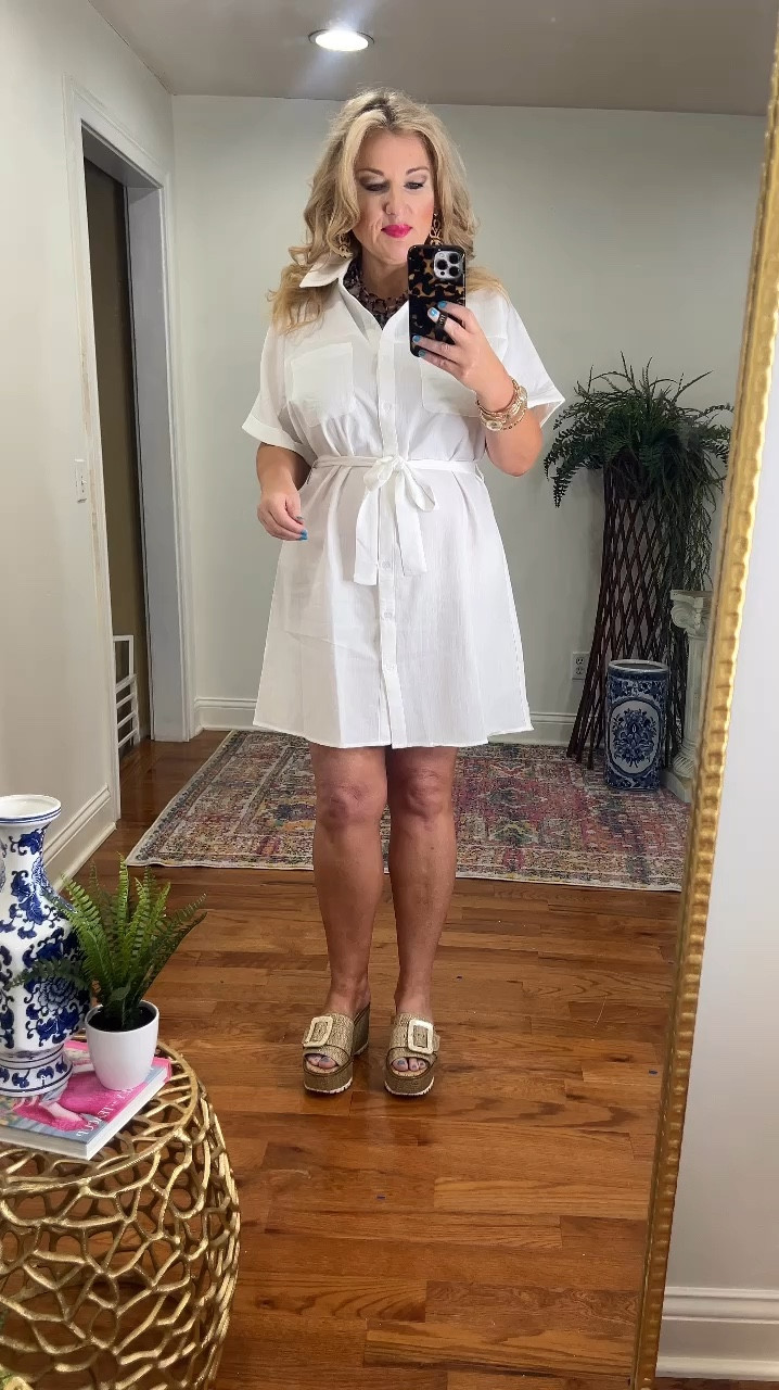 White shirt dress. 
I’m wearing a large.
Available in three colors. 

#LTKOver40 #LTKMidsize #LTKFindsUnder50