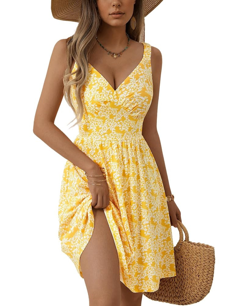 MSBASIC Womens Summer Dresses 2025 Sleeveless V Neck Mini Elastic Wide Strap Beach Vacation Sun D... | Amazon (US)