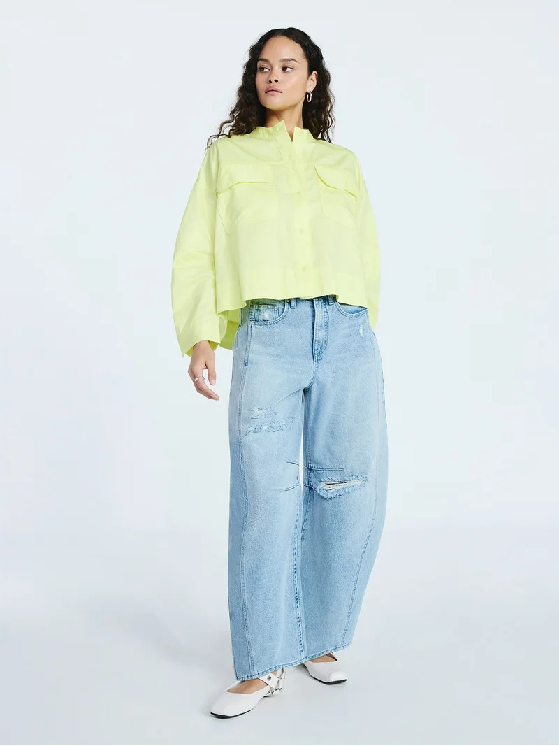 Scoop Women's and Women's Plus Cropped Oversized Button-Down Shirt, Sizes XS-4X | Walmart (US)