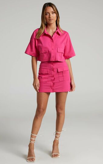 Navine Button Front Crop Top and Cargo Pocket Mini Skirt Two Piece Set in Hot Pink | Showpo (US, UK & Europe)