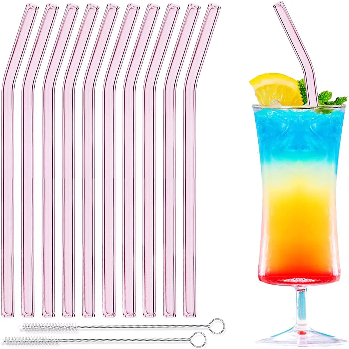 Glass Straw - 10pcs Pink Bent Glass Straw Set, 8'' Reusable Straws With Cleaning Brush For Tumble... | Walmart (US)